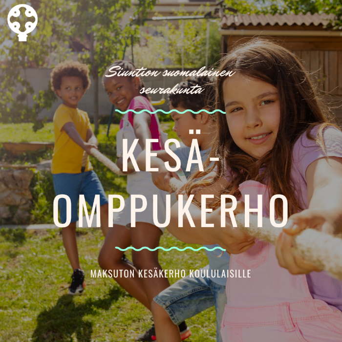 Kesäomppukerhon mainos, jossa info, että kesäkerho on maksuton. Lapset vetävät kuvassa köyttä.
