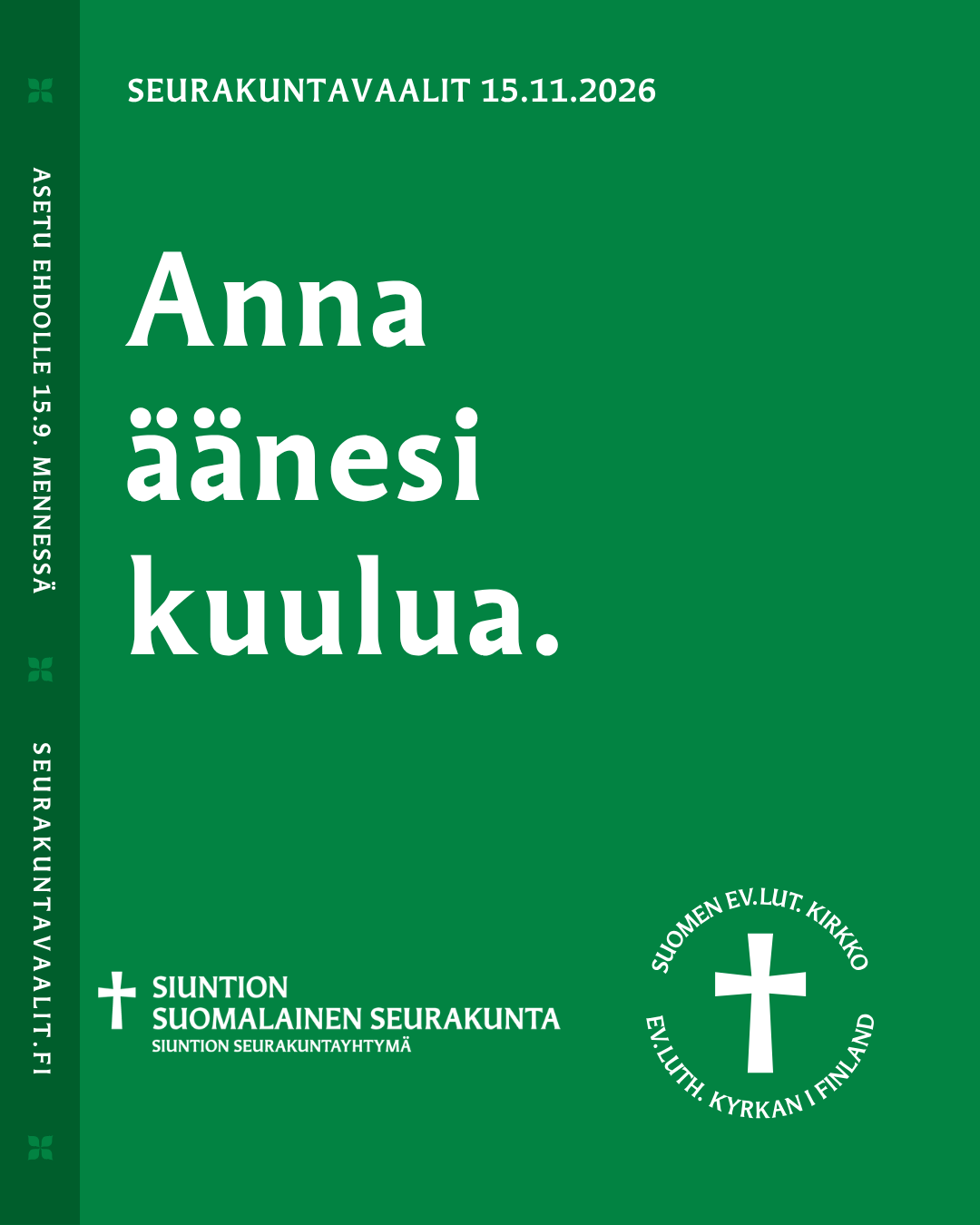 Vihreällä taustalla ilmoituskello, teksti Asetu ehdolle 15.9. mennessä