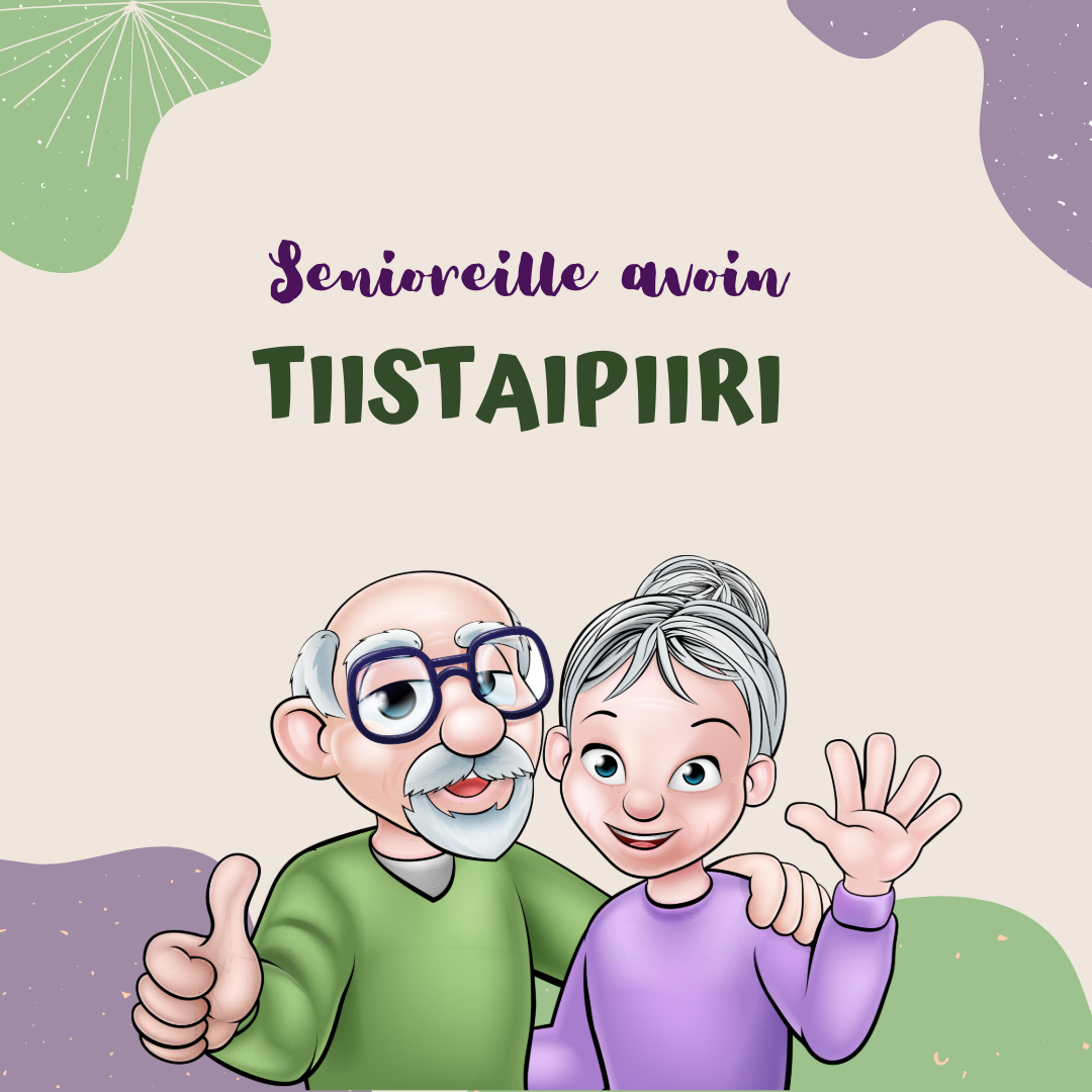 Kaksi piirros seniorihahmoa, joista toinen näyttää peukaloa ja toinen vilkuttaa.